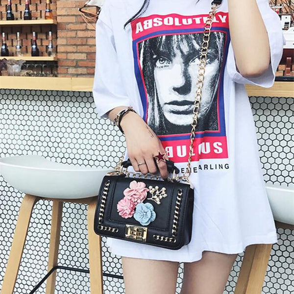 Floral Embroidery Leather Two-Way Bag